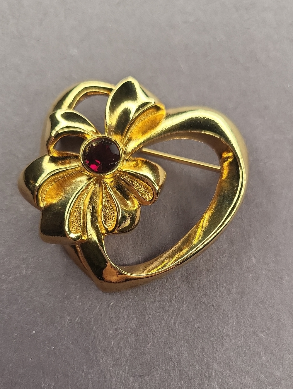 Avon Gold-Tone Heart Brooch with Ruby-Colored Stone